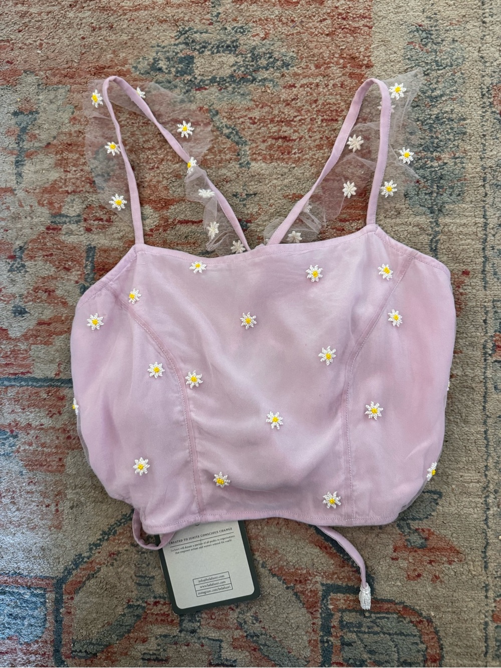 LA FUORI Silk Lavender Crop Top w/ Beaded Flowers Size Small NWT
